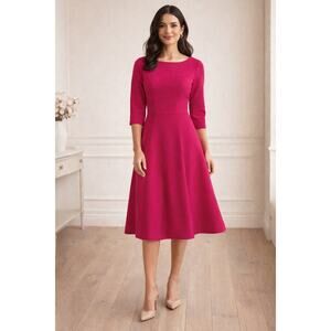 Eliza J Fuchsia Midi Dress Size 8 Fit Flare Cocktail Wedding Guest modest career